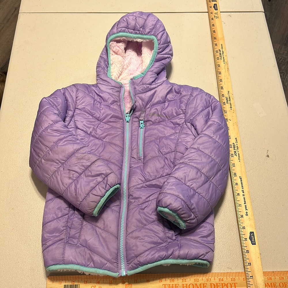 Girls Eddie Bauer Reversible Jacket in purple, turquoise, and soft pink. Size 5